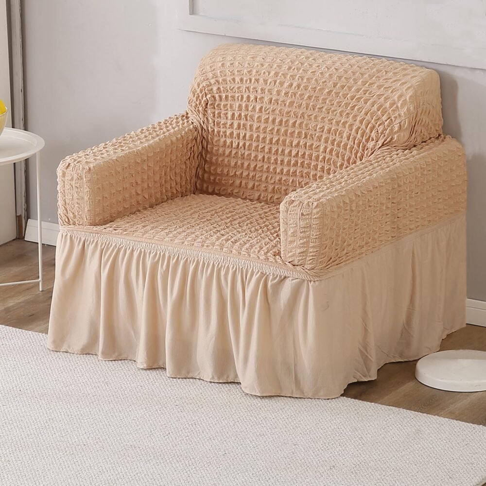 HOKIPO Elastic Stretchable Bubble Frill Sofa Cover 1 Seater, Beige